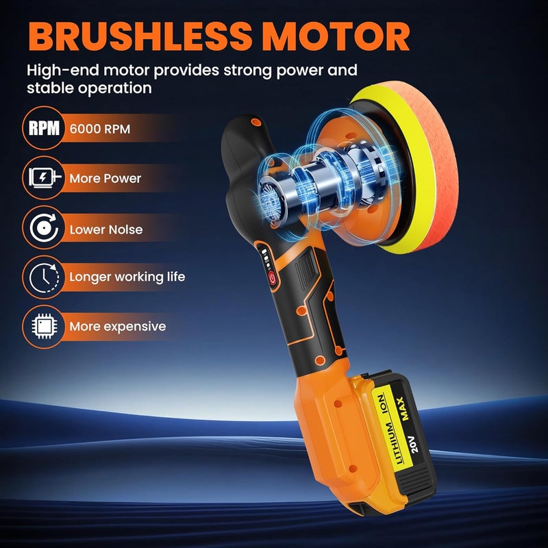 RAYLEEY Cordless Buffer Polisher Kit for DEWALT 20V LI-ION Battery.6-Inch Orbital Buffer Polisher with 3 Variable Speed with 25pcs Polishing Accessories, for Car Polishing/Waxing (Tool Only) - Image 3